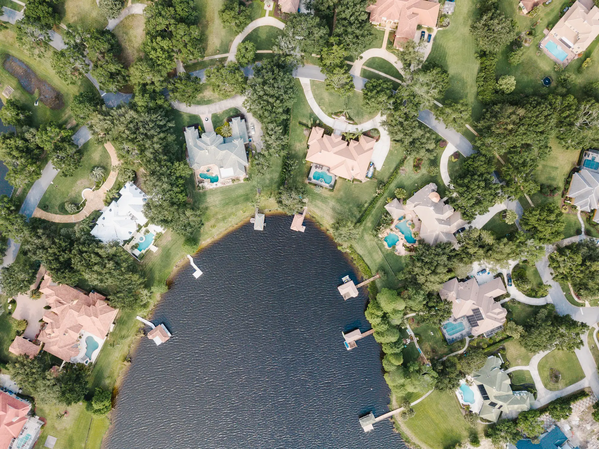 Florida homes beside a lake, seen from above